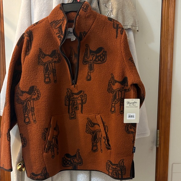 Wrangler Sweaters - Wrangler Burnt Orange Sherpa Quarter-Zip Turtleneck with Saddle Print